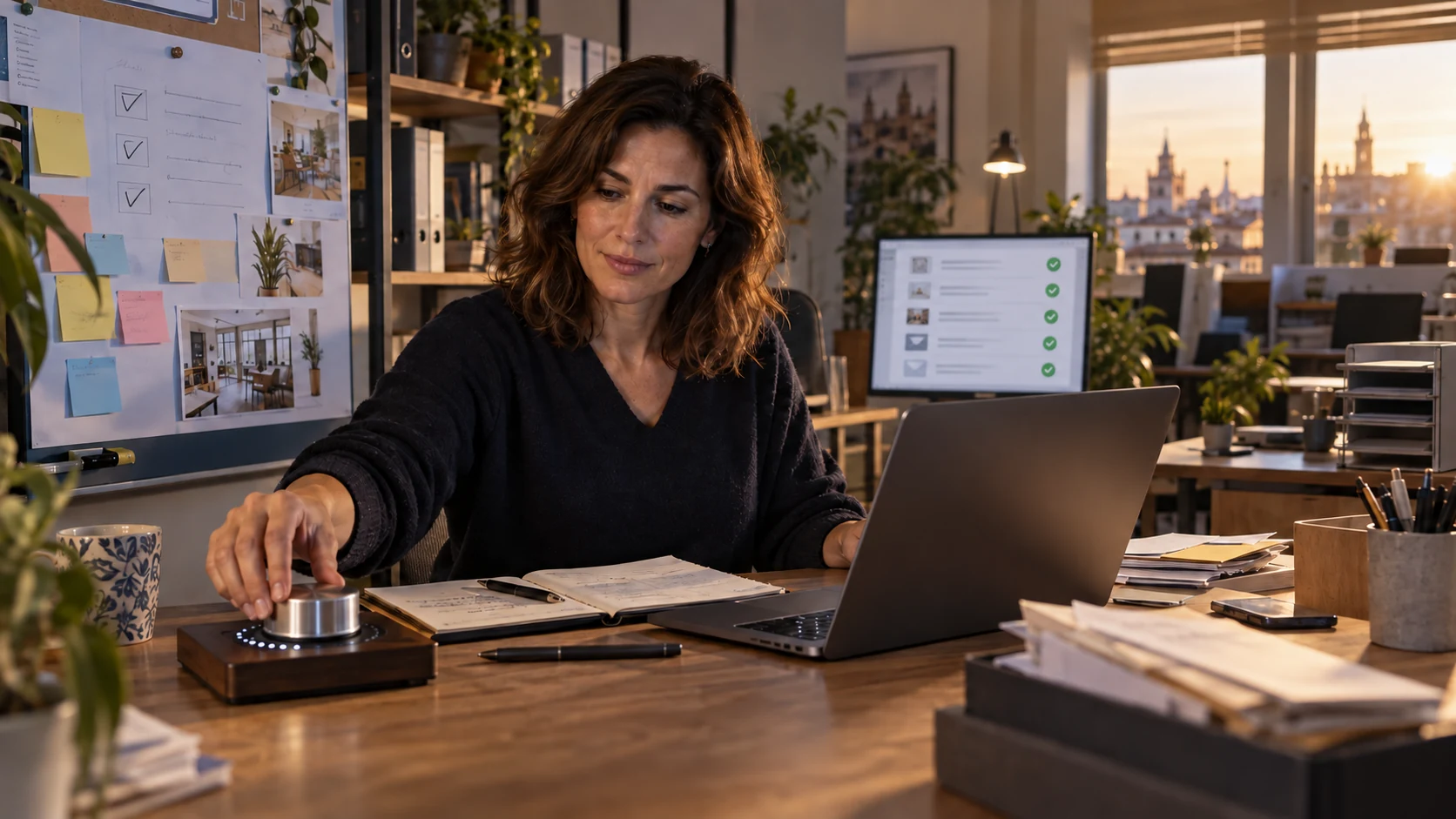Una responsable ajusta un mando de presupuesto mientras un monitor muestra tareas automatizadas completadas