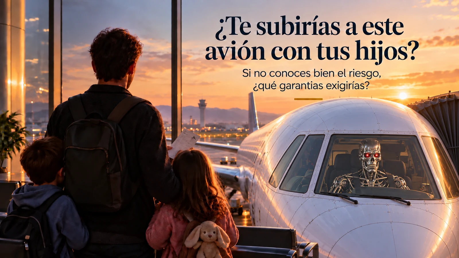Un padre, un niño y una niña contemplan desde la terminal un avión intacto. En la cabina, un endoesqueleto metálico de ojos rojos está sentado a los mandos. Texto: ¿Te subirías a este avión con tus hijos? Si no conoces bien el riesgo, ¿qué garantías exigirías?