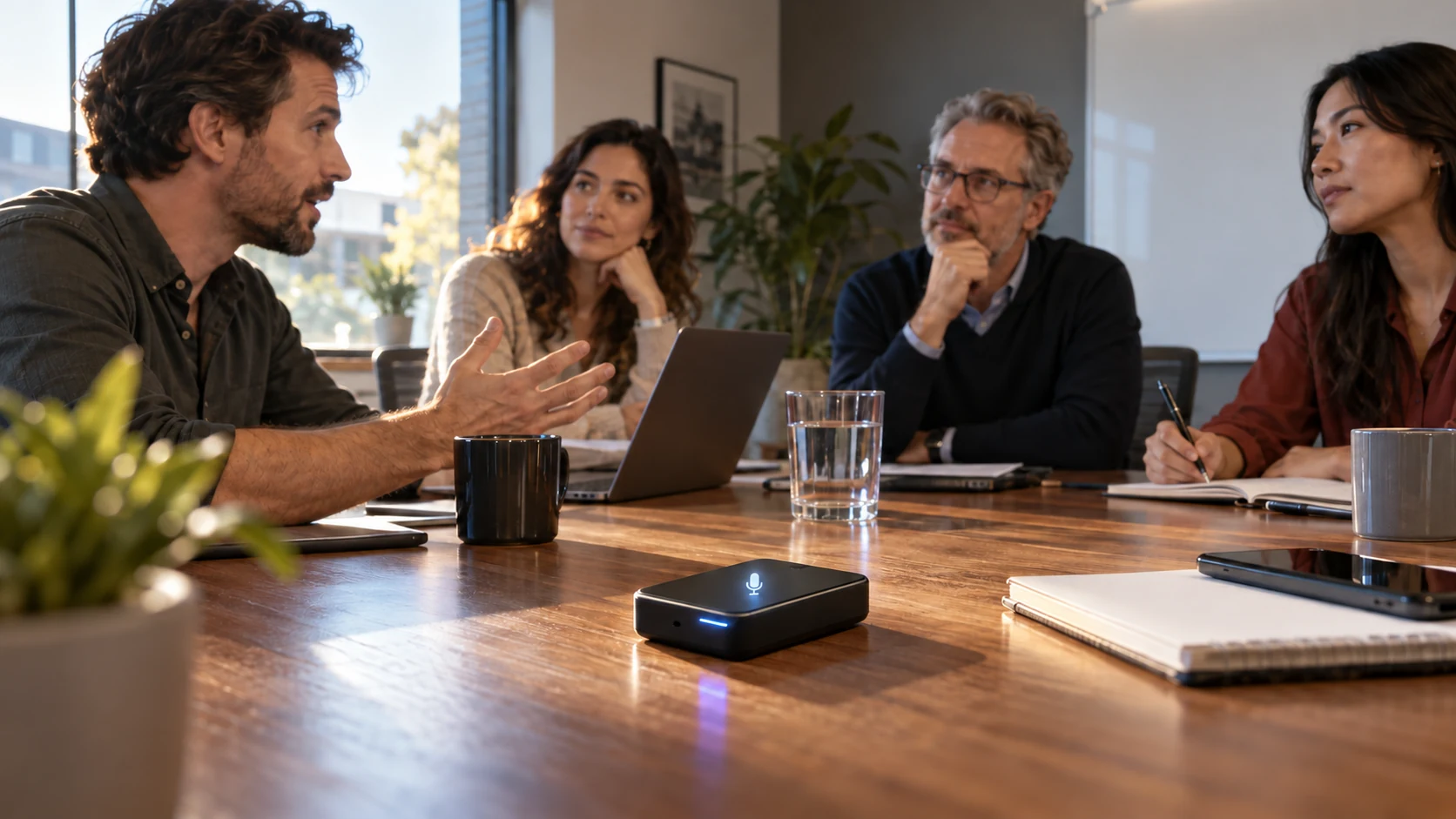 Un pequeño dispositivo de escucha permanece activo sobre la mesa durante una reunión de cuatro profesionales