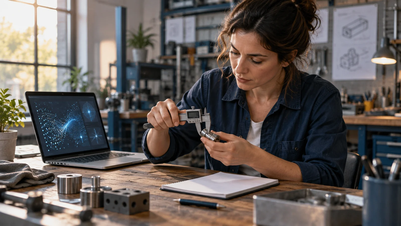 Una profesional mide una pieza física junto a un portátil, como símbolo de comprobar en la realidad una hipótesis propuesta por inteligencia artificial