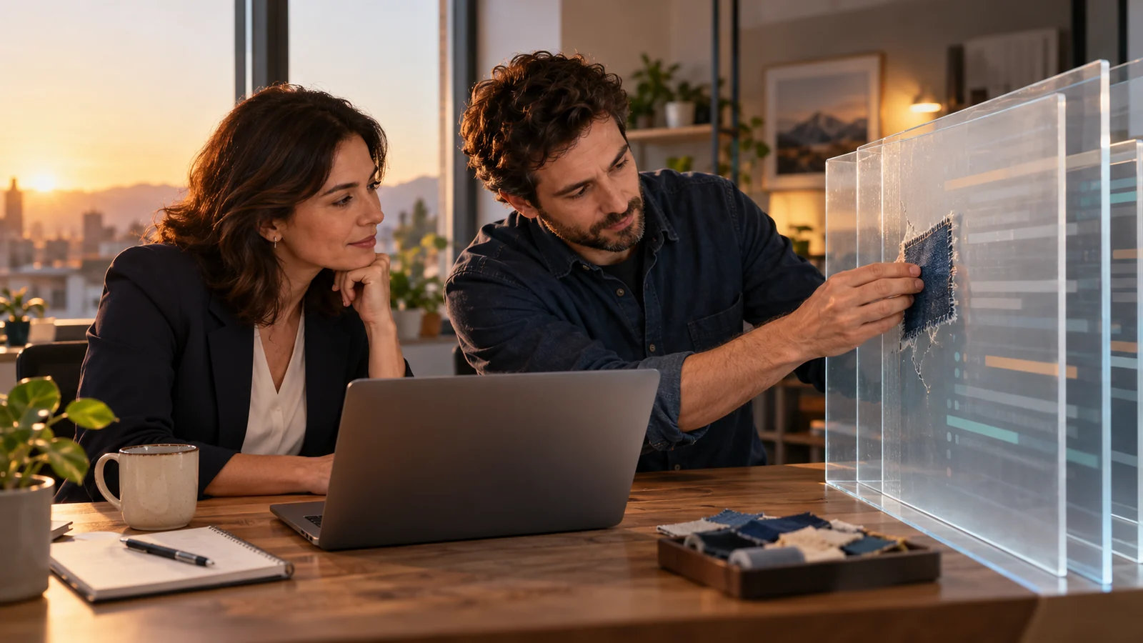Una responsable de negocio revisa con un técnico cómo aplicar un parche a las capas de un sistema digital
