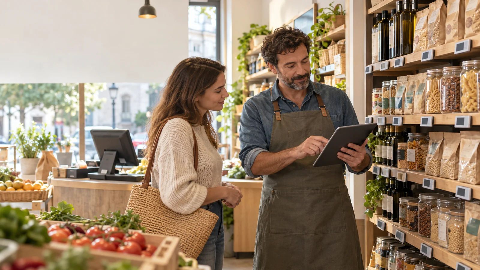 Un comerciante revisa en una tableta una propuesta de precios mientras una clienta consulta etiquetas electrónicas visibles